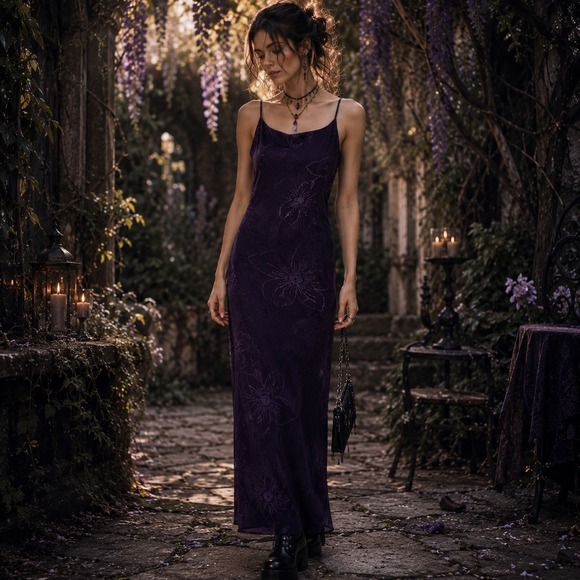 City Triangles Dresses & Skirts - VTG Y2K City Triangles Slip Maxi Dress S Purple Floral Glitter Fairy Whimsigoth